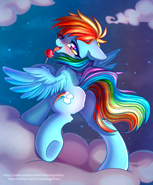 Size: 1000x1203 | Tagged: suggestive, artist:chaosangeldesu, derpibooru import, rainbow dash, pegasus, pony, bedroom eyes, blushing, butt, candy, cloud, drool, female, food, image, lollipop, mare, night, one eye closed, plot, png, raised hoof, raised leg, sky, solo, solo female, tongue out, underhoof, wink