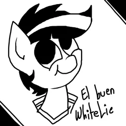 Size: 1000x1000 | Tagged: safe, artist:whitelie, derpibooru import, oc, oc:white lie, unofficial characters only, clothes, image, jacket, looking up, monochrome, png, shirt, simple background, smiling, spanish, text