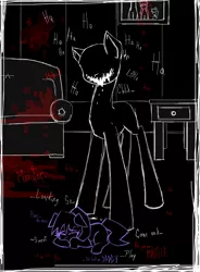 Size: 1400x1900 | Tagged: grimdark, artist:whitelie, derpibooru import, oc, unofficial characters only, monster pony, blood, coach, crying, framed picture, image, laughing, living room, png, smiling