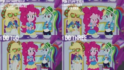 Size: 1280x720 | Tagged: safe, derpibooru import, edit, edited screencap, editor:quoterific, screencap, applejack, pinkie pie, rainbow dash, equestria girls, equestria girls series, wake up!, spoiler:eqg series (season 2), clothes, crossed arms, cutie mark, cutie mark on clothes, eyes closed, geode of sugar bombs, geode of super speed, geode of super strength, glasses, hands on hip, image, jpeg, magical geodes, music festival outfit