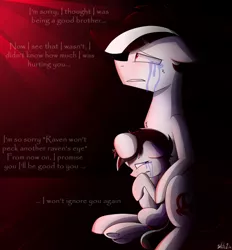 Size: 1300x1400 | Tagged: safe, artist:whitelie, derpibooru import, oc, oc:white lie, unofficial characters only, crying, foal, hug, image, png, sitting, text