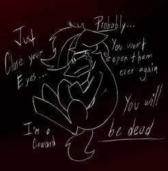 Size: 1024x1039 | Tagged: semi-grimdark, artist:whitelie, derpibooru import, oc, oc:white lie, unofficial characters only, black background, blood, crying, dying, fetal position, image, jpeg, simple background, text