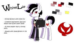 Size: 2560x1440 | Tagged: safe, artist:whitelie, derpibooru import, oc, oc:white lie, unofficial characters only, bracelet, choker, clothes, cutie mark, image, jacket, jewelry, png, reference sheet, shirt, simple background, spiked choker, text, transparent background