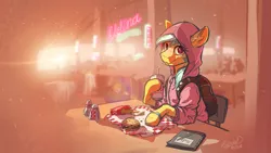 Size: 1492x839 | Tagged: safe, artist:helmie-art, derpibooru import, oc, oc:karoline skies, unofficial characters only, earth pony, pony, backpack, bendy straw, burger, chair, clothes, cup, drinking straw, ear fluff, female, food, french fries, hoodie, image, jpeg, looking at you, mare, notebook, sitting, solo