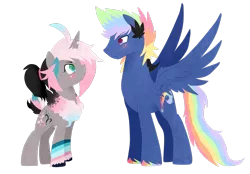 Size: 2931x2045 | Tagged: safe, artist:kraytt-05, derpibooru import, oc, oc:cotton foam, oc:rainbow thunder, unofficial characters only, hybrid, pony, duo, female, image, interspecies offspring, magical lesbian spawn, male, mare, multicolored hooves, offspring, parent:oc:fluffle puff, parent:queen chrysalis, parent:rainbow dash, parent:soarin', parents:canon x oc, parents:chrysipuff, parents:soarindash, png, simple background, stallion, transparent background, unshorn fetlocks