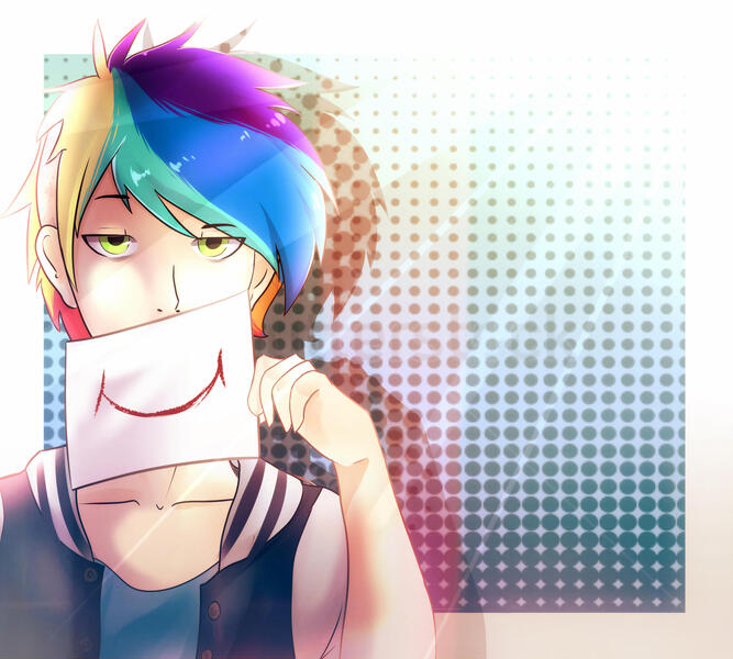 Size: 2581x2323 | Tagged: safe, artist:kraytt-05, derpibooru import, oc, oc:philadelfia, human, humanized, humanized oc, image, jpeg, male, multicolored hair, offspring, parent:rainbow dash, parent:soarin', parents:soarindash, rainbow hair, solo