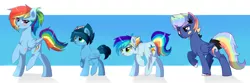 Size: 4242x1414 | Tagged: safe, artist:kraytt-05, derpibooru import, rainbow dash, oc, oc:chasing cloud, oc:philadelfia, oc:rainbow thunder, pony, backwards cutie mark, bandaid, colt, female, image, jpeg, male, mother and child, mother and son, multicolored hair, multicolored hooves, offspring, parent:rainbow dash, parent:soarin', parents:soarindash, rainbow hair, scar