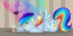 Size: 3464x1732 | Tagged: safe, artist:kraytt-05, derpibooru import, oc, oc:philadelfia, unofficial characters only, pegasus, pony, blush sticker, blushing, chocolate, colt, food, image, jpeg, male, multicolored hair, offspring, parent:rainbow dash, parent:soarin', parents:soarindash, rainbow hair, solo