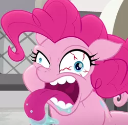 Size: 1102x1080 | Tagged: safe, derpibooru import, screencap, pinkie pie, earth pony, pony, rainbow roadtrip, bloodshot eyes, close-up, crazy face, cropped, disturbing, drool, faic, female, horrifying, image, jesus christ how horrifying, mare, open mouth, pinkie pie is best facemaker, png, simpsons did it, thanks i hate it, tongue out, uvula