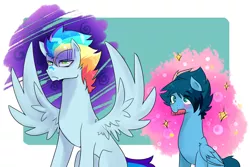 Size: 3000x2000 | Tagged: safe, artist:kraytt-05, derpibooru import, oc, oc:chasing cloud, oc:philadelfia, pony, annoyed, brothers, comb, duo, image, jpeg, male, mouth hold, offspring, parent:rainbow dash, parent:soarin', parents:soarindash, siblings, spread wings, stallion, wings