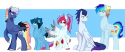 Size: 3794x1581 | Tagged: safe, artist:kraytt-05, derpibooru import, oc, oc:chasing cloud, oc:fallout, oc:philadelfia, oc:rainbow thunder, oc:shot basket, unofficial characters only, pony, bandaid, female, heterochromia, image, interdimensional siblings, jpeg, male, mare, multicolored hair, multicolored hooves, not soarin', offspring, parent:rainbow dash, parent:soarin', parents:soarindash, rainbow hair, siblings, stallion