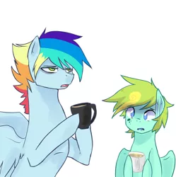 Size: 1790x1800 | Tagged: safe, artist:kraytt-05, derpibooru import, oc, oc:philadelfia, oc:sweet sky, pony, adopted offspring, coffee, coffee mug, duo, height difference, hoof hold, image, jpeg, male, mug, offspring, parent:bulk biceps, parent:fluttershy, parent:rainbow dash, parent:soarin', parents:flutterbulk, parents:soarindash, simple background, stallion, white background