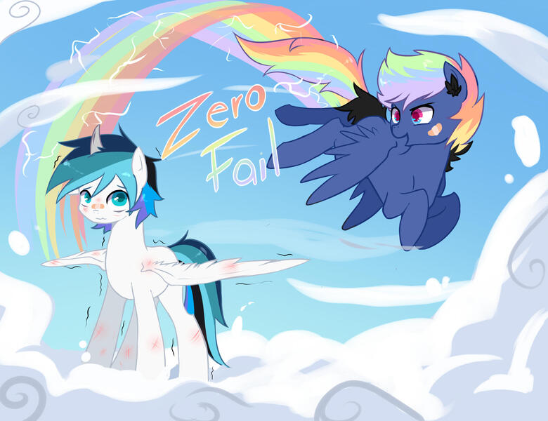 Size: 2600x2000 | Tagged: safe, artist:kraytt-05, derpibooru import, oc, oc:rainbow thunder, oc:zero fire, alicorn, pegasus, pony, alicorn oc, bandaid, colt, flying, horn, image, jpeg, male, multicolored hair, offspring, parent:princess cadance, parent:rainbow dash, parent:shining armor, parent:soarin', parents:shiningcadance, parents:soarindash, rainbow hair, wings