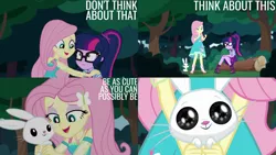 Size: 1280x720 | Tagged: safe, derpibooru import, edit, edited screencap, editor:quoterific, screencap, angel bunny, fluttershy, sci-twi, twilight sparkle, rabbit, equestria girls, equestria girls series, stressed in show, stressed in show: fluttershy, spoiler:eqg series (season 2), angelbetes, animal, boots, bowtie, clothes, cute, cutie mark, cutie mark on clothes, female, forest, geode of fauna, geode of telekinesis, glasses, hairpin, image, jewelry, jpeg, magical geodes, male, mud, necklace, ponytail, shoes, tree