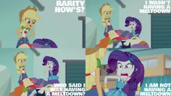 Size: 1280x720 | Tagged: safe, derpibooru import, edit, edited screencap, editor:quoterific, screencap, applejack, rarity, equestria girls, equestria girls series, rollercoaster of friendship, angry, applejack's hat, belt, boots, bracelet, clothes, cowboy boots, cowboy hat, cutie mark, cutie mark on clothes, denim skirt, hairpin, hat, image, jewelry, jpeg, marshmelodrama, meltdown, rarity being rarity, rarity peplum dress, shoes, skirt