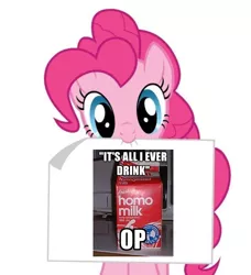Size: 750x822 | Tagged: safe, deleted from derpibooru, derpibooru import, pinkie pie, pony, /mlp/, 4chan, cute, dark comedy, diapinkes, explicit text, holding, image, meme, milk, my little pony, offensive, oldfag, paper, png