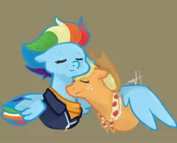 Size: 1080x873 | Tagged: safe, artist:random_glitter_productions, derpibooru import, applejack, rainbow dash, earth pony, pegasus, pony, the last problem, appledash, clothes, eyes closed, female, freckles, hat, hug, image, jpeg, lesbian, mare, older, older applejack, older rainbow dash, shipping, signature, solo, winghug, wings