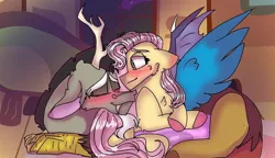 Size: 938x540 | Tagged: safe, artist:cocolove2176, derpibooru import, discord, fluttershy, draconequus, pegasus, pony, blushing, coils, colored hooves, discoshy, eyes closed, female, image, indoors, jpeg, lying down, male, mare, prone, shipping, smiling, straight, wings