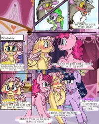 Size: 899x1123 | Tagged: safe, artist:cocolove2176, derpibooru import, discord, fluttershy, pinkie pie, spike, twilight sparkle, twilight sparkle (alicorn), alicorn, draconequus, dragon, earth pony, pegasus, pony, comic:fluttering chaos, blushing, comic, crossed arms, dialogue, embarrassed, flying, grin, image, implied discoshy, implied shipping, implied straight, indoors, jpeg, male, one eye closed, outdoors, smiling, wink
