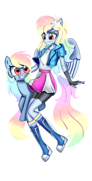 Size: 1920x3765 | Tagged: safe, artist:melanyoprisdraws, deleted from derpibooru, derpibooru import, rainbow dash, pony, equestria girls, alternate hairstyle, boots, clothes, compression shorts, duo, female, fingerless gloves, gloves, grin, image, jacket, looking at each other, mare, png, ponied up, rainbow socks, self paradox, self ponidox, shoes, simple background, skirt, smiling, socks, striped socks, tanktop, transparent background