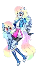 Size: 1920x3765 | Tagged: safe, artist:melanyoprisdraws, deleted from derpibooru, derpibooru import, rainbow dash, pony, equestria girls, alternate hairstyle, boots, clothes, compression shorts, duo, female, fingerless gloves, gloves, grin, image, jacket, looking at each other, mare, png, ponied up, rainbow socks, self paradox, self ponidox, shoes, simple background, skirt, smiling, socks, striped socks, tanktop, transparent background