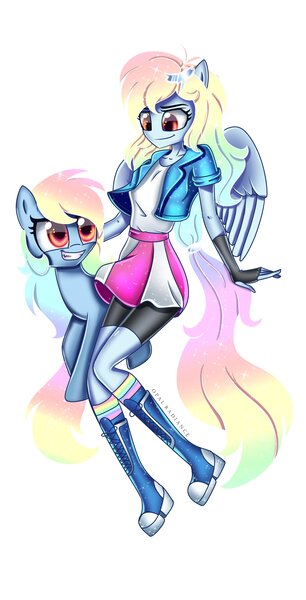 Size: 2089x4096 | Tagged: safe, artist:melanyoprisdraws, artist:opal_radiance, derpibooru import, rainbow dash, pony, equestria girls, alternate hairstyle, boots, clothes, compression shorts, duo, female, fingerless gloves, gloves, grin, image, jacket, jpeg, looking at each other, mare, ponied up, rainbow socks, self paradox, self ponidox, shoes, simple background, skirt, smiling, socks, striped socks, tanktop, white background