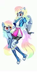 Size: 2089x4096 | Tagged: safe, artist:melanyoprisdraws, artist:opal_radiance, derpibooru import, rainbow dash, pony, equestria girls, alternate hairstyle, boots, clothes, compression shorts, duo, female, fingerless gloves, gloves, grin, image, jacket, jpeg, looking at each other, mare, ponied up, rainbow socks, self paradox, self ponidox, shoes, simple background, skirt, smiling, socks, striped socks, tanktop, white background
