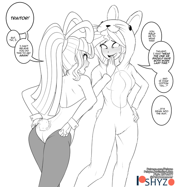 Size: 4500x4800 | Tagged: suggestive, artist:pshyzomancer, derpibooru import, sci-twi, sunset shimmer, twilight sparkle, equestria girls, animal costume, blushing, breasts, bunny costume, bunny ears, bunny suit, clothes, commission, costume, image, miscommunication, patreon, patreon logo, png, ponytail, tights