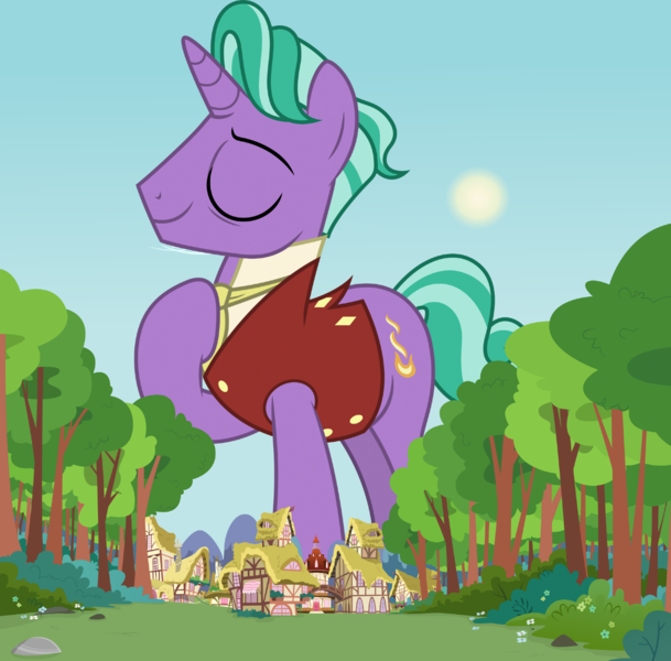 Size: 1920x1893 | Tagged: safe, deleted from derpibooru, derpibooru import, firelight, pony, unicorn, giant pony, giant unicorn, houses, image, macro, male, png, ponyville, stallion