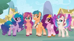 Size: 1242x698 | Tagged: safe, alternate version, artist:limedazzle, derpibooru import, edit, editor:luigigamer25, hitch trailblazer, izzy moonbow, pipp petals, sunny starscout, zipp storm, earth pony, pegasus, pony, unicorn, cloven hooves, cutie mark, g5, g5 to g4, generation leap, group, image, jpeg, movie accurate, raised hoof, simple background, smiling, transparent background