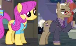 Size: 1200x725 | Tagged: safe, derpibooru import, edit, screencap, bracer britches, pursey pink, pony, fake it 'til you make it, rarity takes manehattan, crack shipping, female, glasses, image, male, open front blouse, png, purseybritches, shipping, shipping domino, straight