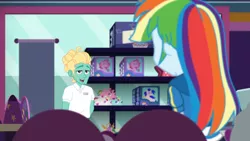 Size: 3410x1920 | Tagged: safe, derpibooru import, screencap, rainbow dash, zephyr breeze, equestria girls, equestria girls series, holidays unwrapped, spoiler:eqg series (season 2), clothes, dashing through the mall, female, hoodie, image, jpeg, male, open mouth
