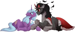 Size: 1024x439 | Tagged: safe, artist:spectrasus, derpibooru import, idw, king sombra, radiant hope, pony, umbrum, unicorn, fangs, female, gorget, hopebra, image, jewelry, looking at each other, male, mare, png, regalia, shipping, simple background, stallion, straight, transparent background