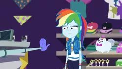 Size: 3410x1920 | Tagged: safe, derpibooru import, screencap, rainbow dash, equestria girls, equestria girls series, holidays unwrapped, spoiler:eqg series (season 2), clothes, cutie mark, cutie mark on clothes, dashing through the mall, female, geode of super speed, hoodie, image, jewelry, jpeg, magical geodes, necklace, rainbow dash is not amused, solo, unamused