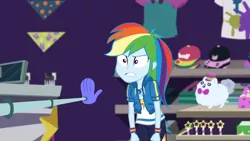 Size: 3410x1920 | Tagged: safe, derpibooru import, screencap, rainbow dash, equestria girls, equestria girls series, holidays unwrapped, spoiler:eqg series (season 2), angry, clothes, cutie mark, cutie mark on clothes, dashing through the mall, female, geode of super speed, hoodie, image, jewelry, jpeg, magical geodes, necklace, ragebow dash, solo