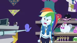 Size: 3410x1920 | Tagged: safe, derpibooru import, screencap, rainbow dash, equestria girls, equestria girls series, holidays unwrapped, spoiler:eqg series (season 2), angry, clothes, cutie mark, cutie mark on clothes, dashing through the mall, female, geode of super speed, hoodie, image, jewelry, jpeg, magical geodes, necklace, open mouth, ragebow dash, solo