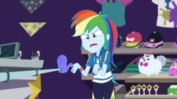 Size: 3410x1920 | Tagged: safe, derpibooru import, screencap, rainbow dash, equestria girls, equestria girls series, holidays unwrapped, spoiler:eqg series (season 2), angry, clothes, cutie mark, cutie mark on clothes, dashing through the mall, female, geode of super speed, hoodie, image, jewelry, jpeg, magical geodes, necklace, open mouth, ragebow dash, solo