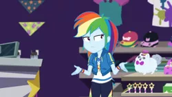 Size: 3410x1920 | Tagged: safe, derpibooru import, screencap, rainbow dash, equestria girls, equestria girls series, holidays unwrapped, spoiler:eqg series (season 2), clothes, cutie mark, cutie mark on clothes, dashing through the mall, female, geode of super speed, hoodie, image, jewelry, jpeg, magical geodes, necklace, rainbow dash is not amused, solo, unamused