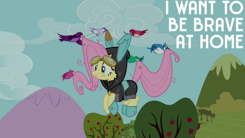 Size: 1280x720 | Tagged: safe, derpibooru import, edit, edited screencap, editor:quoterific, screencap, fluttershy, bird, pegasus, pony, magic duel, apple, female, food, goggles, image, jpeg, mare, scared, tree