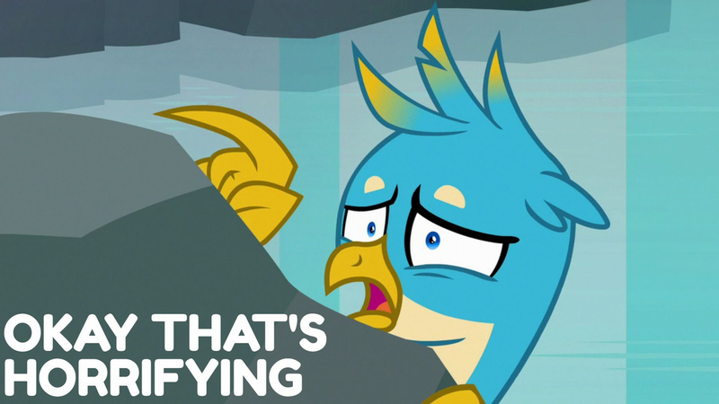 Size: 1280x720 | Tagged: safe, derpibooru import, edit, edited screencap, editor:quoterific, screencap, gallus, gryphon, pony, what lies beneath, image, jpeg, male, open mouth, scared, stallion