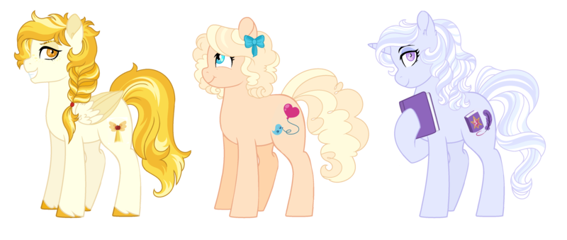 Size: 4232x1792 | Tagged: safe, artist:roses-are-gold, derpibooru import, oc, unofficial characters only, earth pony, pegasus, pony, unicorn, book, female, image, magical lesbian spawn, mare, offspring, parent:applejack, parent:fluttershy, parent:pinkie pie, parent:rainbow dash, parent:rarity, parent:twilight sparkle, parents:appledash, parents:flutterpie, parents:rarilight, png, two toned wings, wings