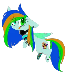 Size: 2376x2517 | Tagged: safe, artist:mediasmile666, derpibooru import, oc, unofficial characters only, pegasus, pony, ear piercing, earring, fangs, female, floppy ears, flying, headphones, heterochromia, image, jewelry, licking, licking lips, mare, piercing, png, solo, tongue out