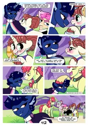 Size: 2100x3000 | Tagged: safe, artist:loryska, deleted from derpibooru, derpibooru import, apple bloom, oc, oc:clarabelle, oc:conundrum solar flare, oc:indigo sky, oc:niko, oc:plumeria, hybrid, pony, zony, comic:friendship grows, adopted offspring, ear fluff, image, leonine tail, magical lesbian spawn, offspring, older, parent:derpy hooves, parent:doctor whooves, parent:quibble pants, parent:rainbow dash, parent:sweetie belle, parent:trixie, parent:twilight sparkle, parents:doctorderpy, parents:quibbledash, parents:twixie, png, unshorn fetlocks