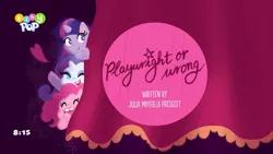 Size: 1024x576 | Tagged: safe, deleted from derpibooru, derpibooru import, screencap, pinkie pie, rarity, twilight sparkle, pony, my little pony: pony life, spoiler:pony life s02e21, image, playwright or wrong, png, title card