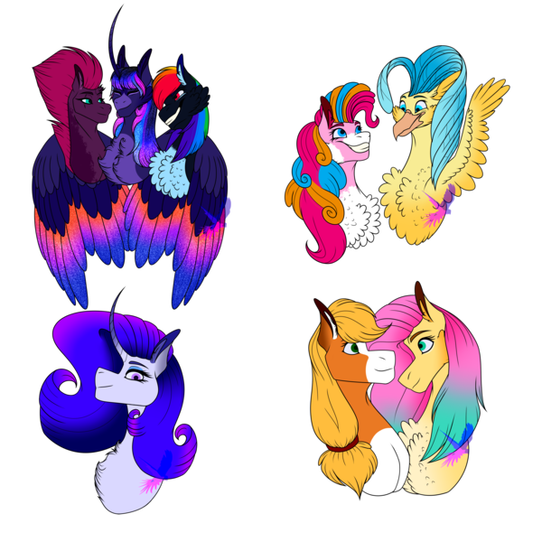 Size: 4000x4000 | Tagged: safe, artist:debria, derpibooru import, applejack, fizzlepop berrytwist, fluttershy, pinkie pie, princess skystar, rainbow dash, rarity, tempest shadow, twilight sparkle, twilight sparkle (alicorn), alicorn, earth pony, pegasus, pony, unicorn, my little pony: the movie, alternate design, appleshy, bust, chest fluff, colored wings, female, image, lesbian, mane six, mare, multicolored wings, png, polyamory, shipping, simple background, skypie, transparent background, twitempestdash, wings