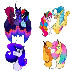 Size: 4000x4000 | Tagged: safe, artist:debria, derpibooru import, applejack, fizzlepop berrytwist, fluttershy, pinkie pie, princess skystar, rainbow dash, rarity, tempest shadow, twilight sparkle, twilight sparkle (alicorn), alicorn, earth pony, pegasus, pony, unicorn, my little pony: the movie, alternate design, appleshy, bust, chest fluff, colored wings, female, image, lesbian, mane six, mare, multicolored wings, png, polyamory, shipping, simple background, skypie, transparent background, twitempestdash, wings