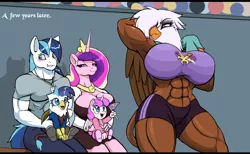 Size: 2484x1532 | Tagged: safe, artist:droll3, banned from derpibooru, deleted from derpibooru, derpibooru import, gilda, princess cadance, princess flurry heart, shining armor, oc, alicorn, anthro, gryphon, hippogriff, hybrid, unicorn, abs, armpits, bench, big breasts, blushing, breasts, busty gilda, busty princess cadance, cleavage, clothes, crown, equestria games, father and child, father and daughter, father and son, female, gildarmor, half-siblings, huge breasts, image, infidelity, infidelity armor, interspecies offspring, jewelry, looking at each other, male, mother and child, mother and daughter, mother and son, muscles, muscular female, muscular male, offspring, parent:gilda, parent:princess cadance, parent:shining armor, parents:gildarmor, pecs, png, regalia, shiningcadance, shipping, sitting, sports bra, sports panties, straight, towel