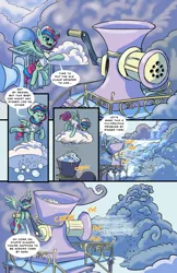 Size: 1280x1979 | Tagged: safe, artist:lytlethelemur, derpibooru import, oc, oc:gimbal lock, unofficial characters only, pegasus, pony, comic:rally point returns, cloud, cloudsdale, comic, dialogue, exhausted, female, hail, hoof hold, image, mare, png, sky, smiling, spread wings, tongue out, weather factory, weather factory uniform, wings