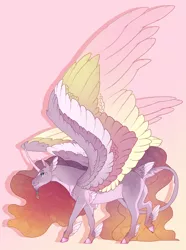 Size: 2232x3004 | Tagged: safe, artist:seffiron, derpibooru import, oc, oc:sunset serenade, alicorn, pony, ambiguous gender, colored wings, female, image, magical lesbian spawn, mare, multicolored wings, offspring, parent:fluttershy, parent:twilight sparkle, parents:twishy, png, simple background, solo, tail feathers, wings