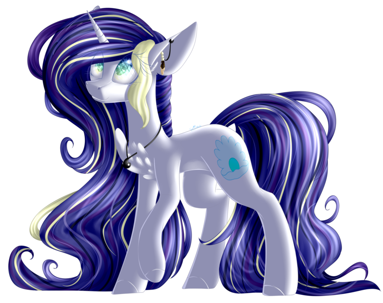 Size: 2753x2179 | Tagged: safe, artist:mediasmile666, banned from derpibooru, deleted from derpibooru, derpibooru import, oc, unofficial characters only, pony, unicorn, art trade, chest fluff, cutie mark, ear piercing, earring, eye reflection, female, image, jewelry, long mane, long tail, looking up, mare, necklace, pendant, piercing, png, raised eyebrow, raised hoof, reflection, simple background, smiling, solo, standing, transparent background